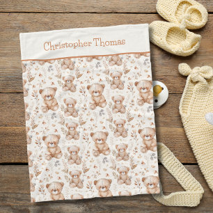 Personalised Brown Bears Baby Boy Gift Fleece Blanket