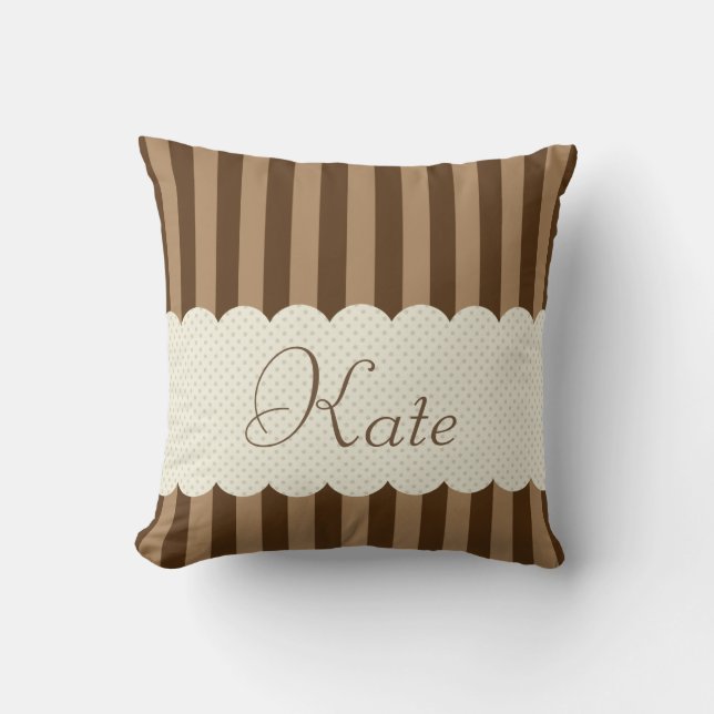 Personalised Brown Beige Stripes Polka Dots Design Cushion (Front)