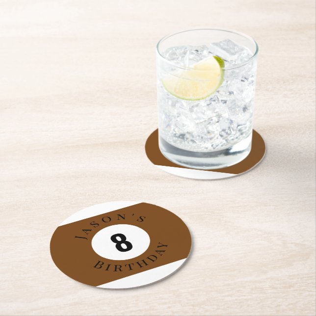 Personalised Brown Billiard Pool Ball Birthday Round Paper Coaster (Insitu)