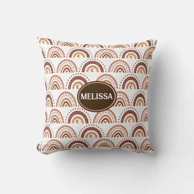 Personalised Brown Boho Rainbow Whimsical Pattern Cushion (Front)