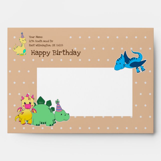 Personalised Brown Dinosaur Themed Party Girls Envelope (Front)