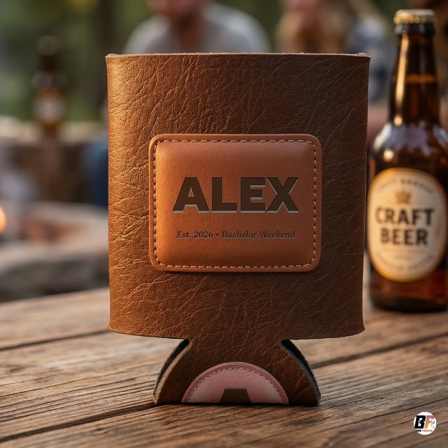 Personalised Brown Faux Leather Bachelor Party C Can Cooler (Creator Uploaded)