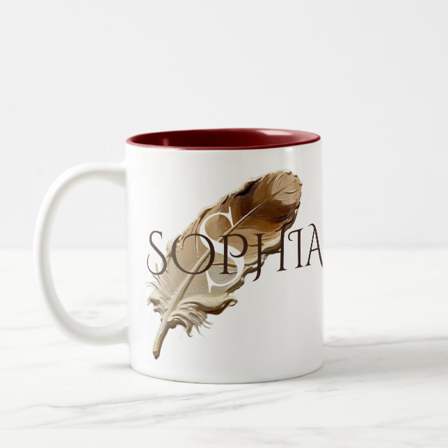 Personalised Brown Feather Custom Name Monogram Two-Tone Coffee Mug (Left)