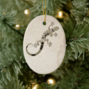 Personalised Brown Gecko Lizard on Stone Christmas Ceramic Tree Decoration