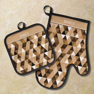 Personalised Brown Geometric Pattern Oven Mitt & Pot Holder Set