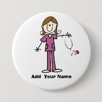 Personalised Brown Hair Stick Figure Nurse  Button