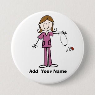 Personalised Brown Hair Stick Figure Nurse Button