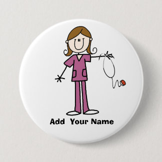 Personalised Brown Hair Stick Figure Nurse  Button