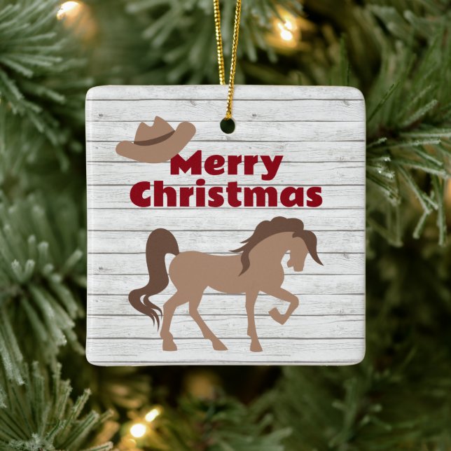 Personalised Brown Horse and Cowboy Hat Christmas Ceramic Ornament (Tree)
