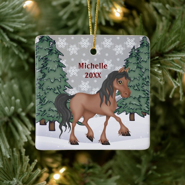 Personalised Brown Horse Winter Forest Christmas Ceramic Ornament (Tree)
