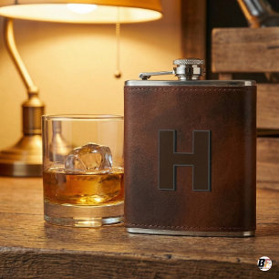 Personalised Brown Leather Hip Monogram Initial H  Flask