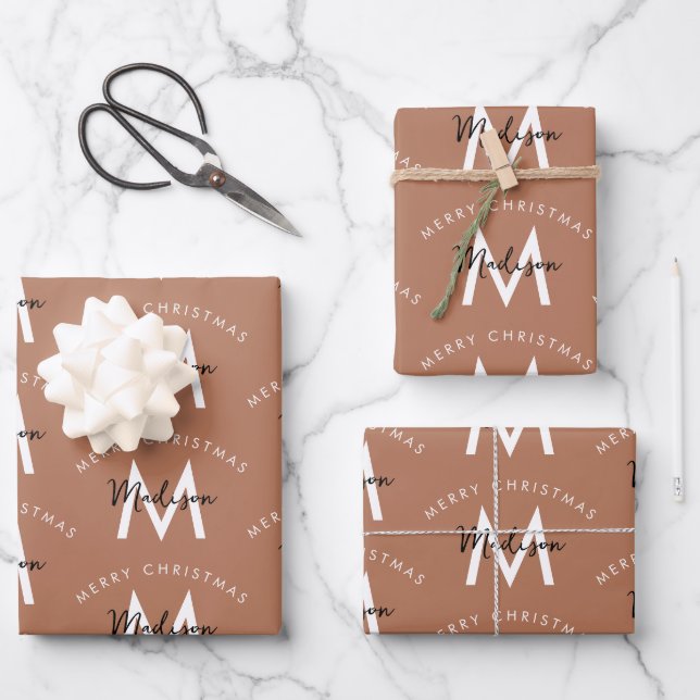 Personalised Brown Merry Christmas Red Monogram Wrapping Paper Sheet (Front)
