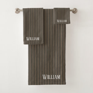 Personalised brown retro pinstripes bath towel set