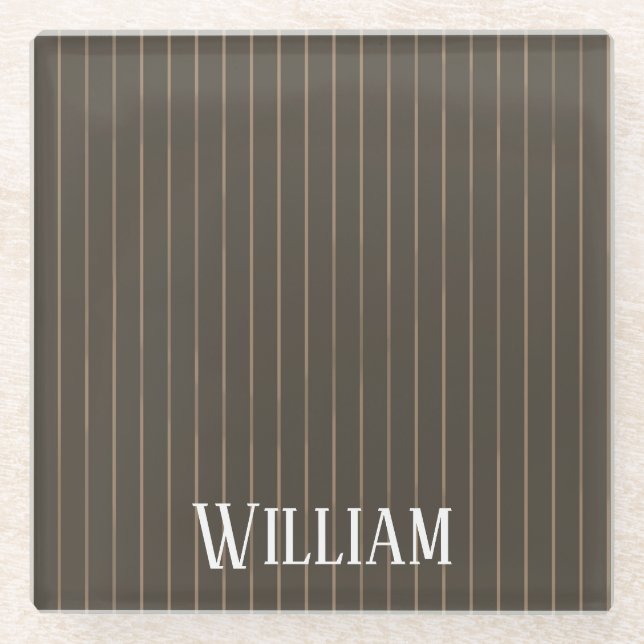 Personalised brown retro pinstripes glass coaster (Front)
