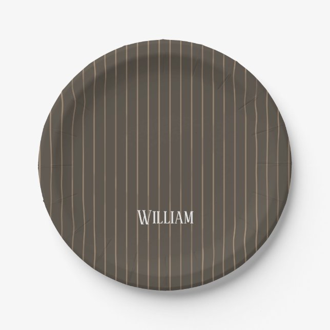 Personalised brown retro pinstripes paper plate (Front)