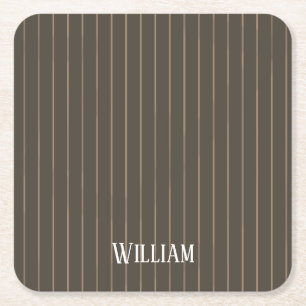Personalised brown retro pinstripes square paper coaster