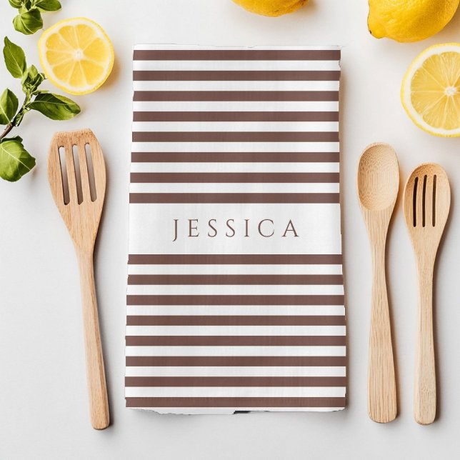 Personalised Brown Stripes Pattern Tea Towel (Personalized Brown Stripes Pattern Kitchen Towel)