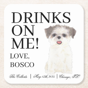 Personalised Brown & White Golden Shih Tzu Wedding Square Paper Coaster