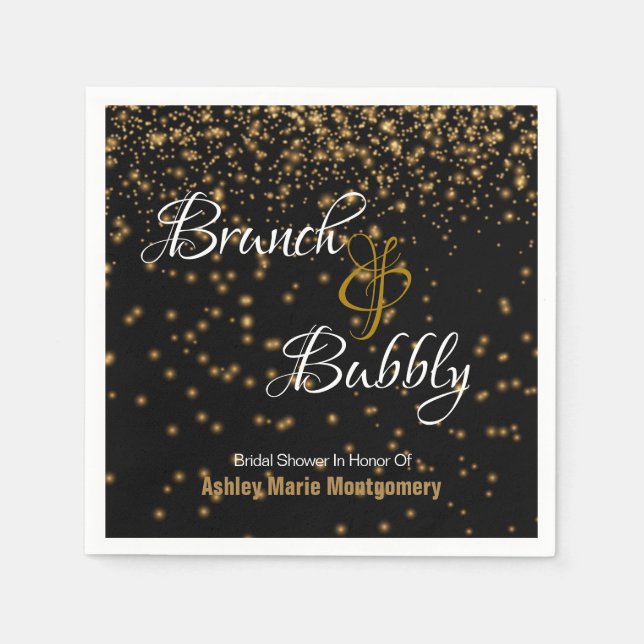 Personalised Brunch Bubbly Gold Confetti on Black  Napkin (Front)