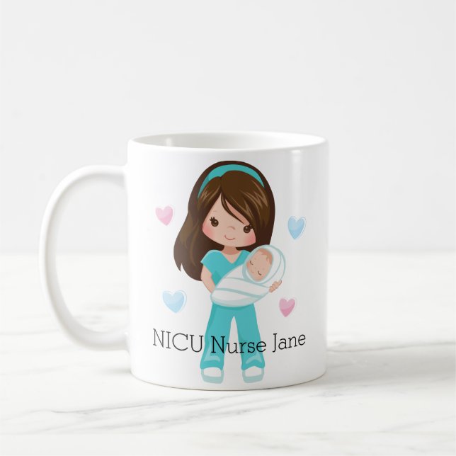 Personalised Brunette NICU Nurse with Baby Coffee Mug (Left)