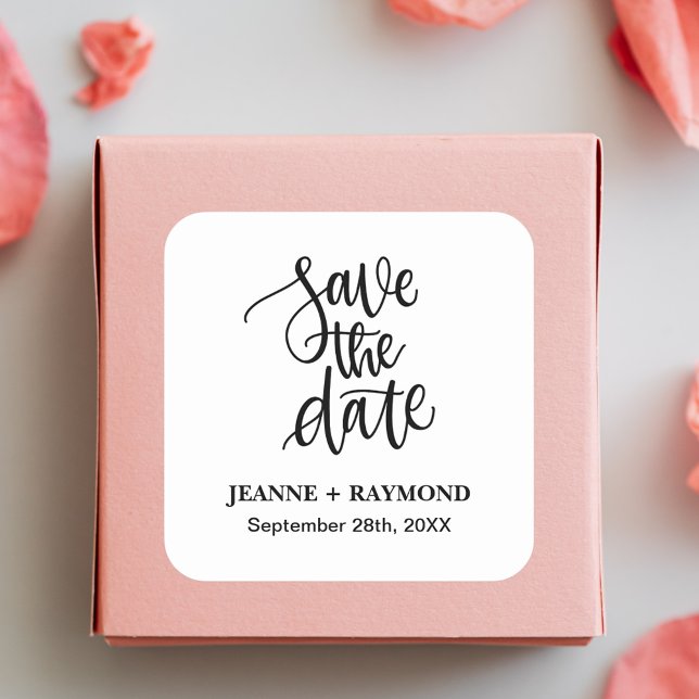 Personalised Brush Lettered Save the Date Wedding Square Sticker (Personalized brush lettered square sticker adds stylish charm to wedding mail.)