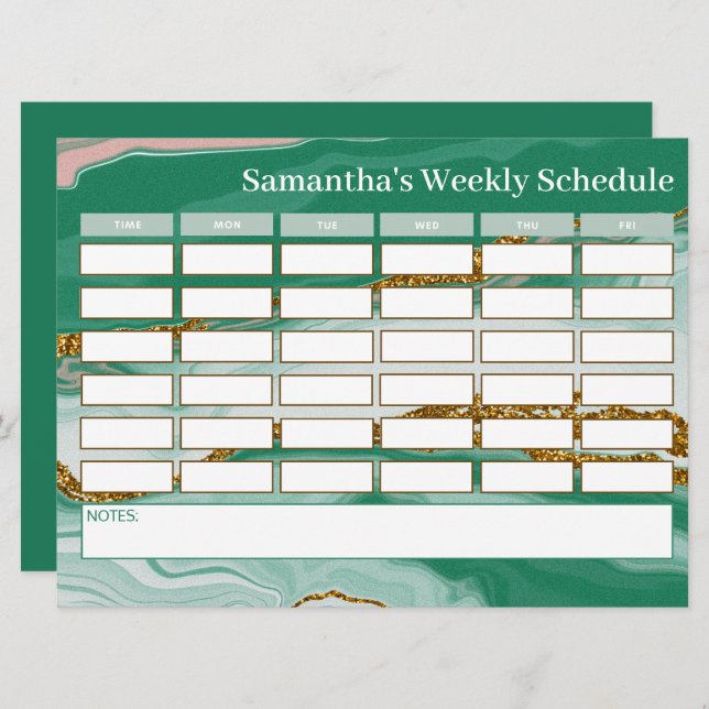 Personalised Budget Green Marble Class Schedule  (Front/Back)