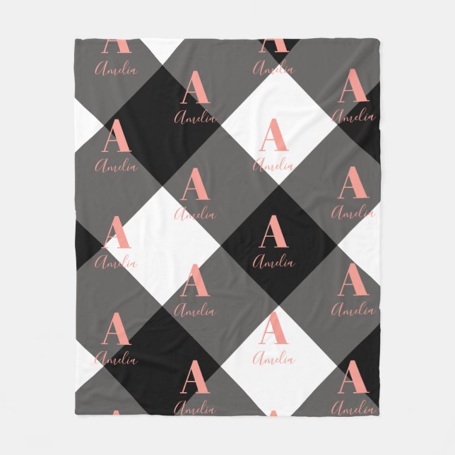 Personalised Buffalo Check Black White Pink Fleece Blanket (Front)