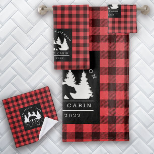 Personalised Buffalo Plaid Bear Forest Cabin  Bath Towel Set