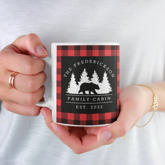Personalised Buffalo Plaid Bear Forest Cabin  Coffee Mug (Creator Uploaded)