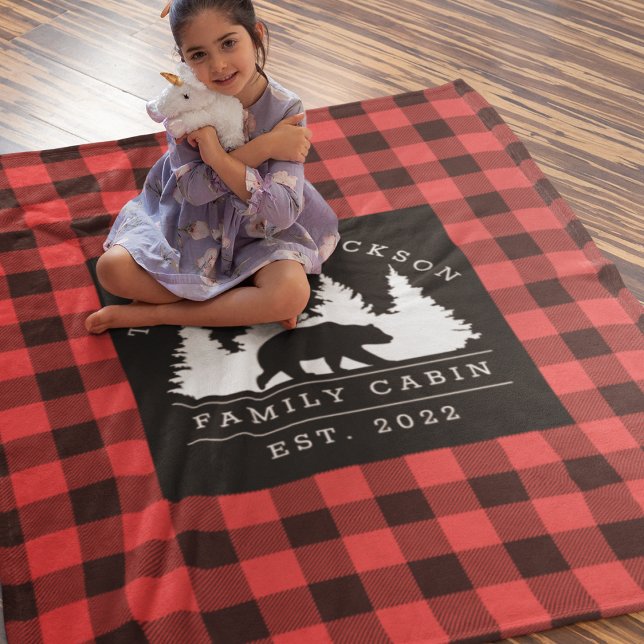 Personalised Buffalo Plaid Bear Forest Cabin Fleece Blanket (Creator Uploaded)