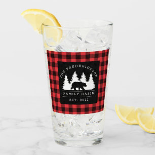 Personalised Buffalo Plaid Bear Forest Cabin Glass