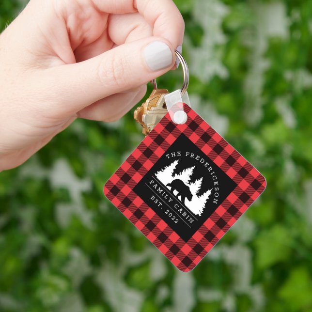 Personalised Buffalo Plaid Bear Forest Cabin Key Ring (Hand)