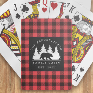 Personalised Buffalo Plaid Bear Forest Cabin  Playing Cards