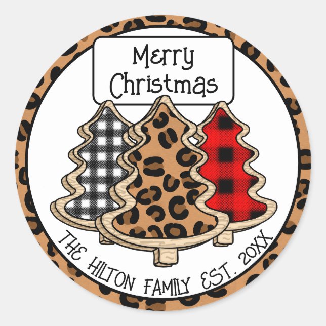 Personalised Buffalo Plaid Gingham Christmas Trees Classic Round Sticker (Front)
