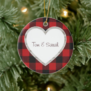 Personalised Buffalo Plaid Heart Rustic Ceramic Tree Decoration