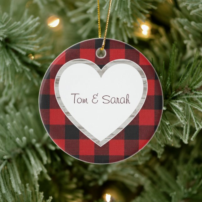 Personalised Buffalo Plaid Heart Rustic  Ceramic Tree Decoration (Tree)