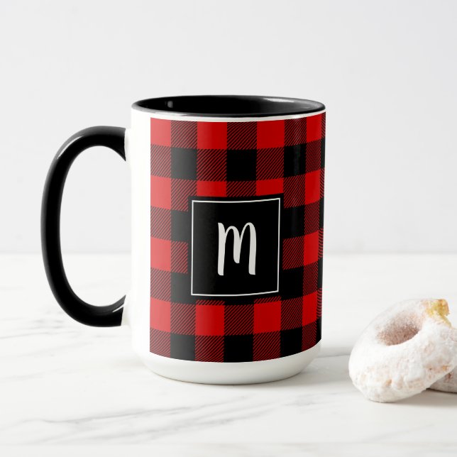 Personalised Buffalo Plaid Red Black Modern Mug (With Donut)