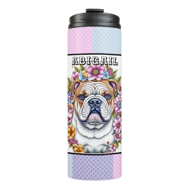 Personalised Bulldog and Whimsical Flowers Thermal Tumbler (Front)