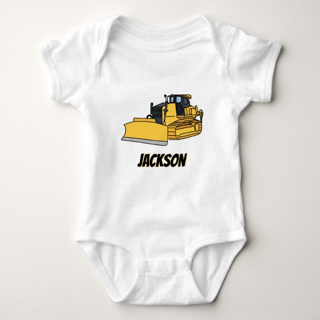 Personalised Bulldozer Construction Vehicle Baby Bodysuit (Front)