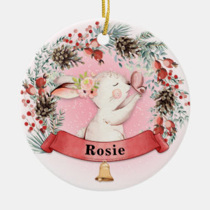 Personalised Bunny Christmas Floral Wreath Ceramic Tree Decoration