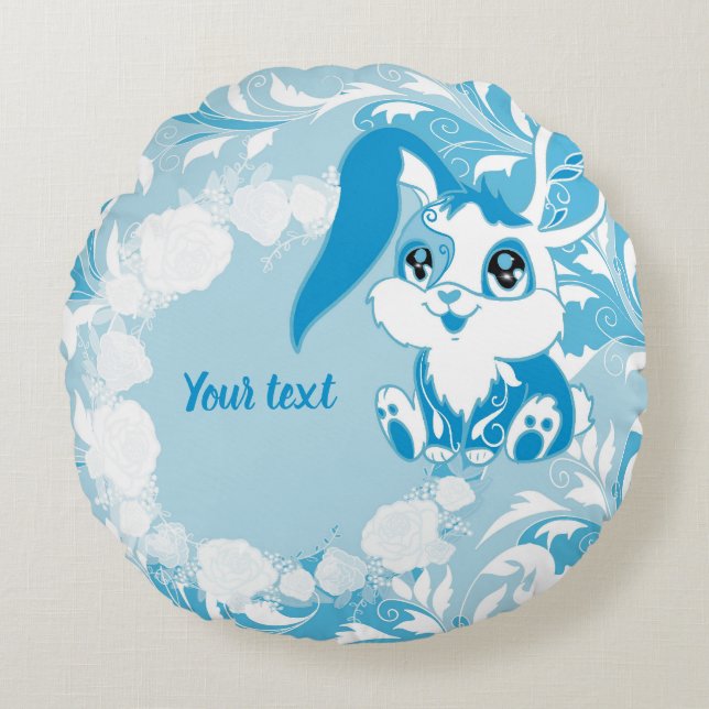 Personalised Bunny  Cute Blue Kawaii Round Cushion (Front)