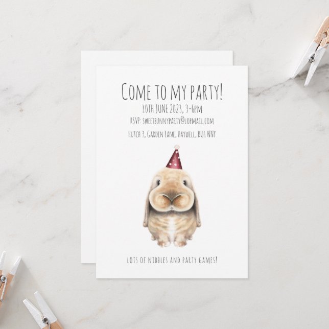 Personalised Bunny Party Invitation (Front/Back In Situ)