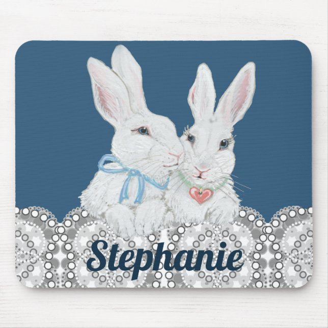 Personalised Bunny Rabbit Blue and White Lace Cute Mouse Pad (Front)