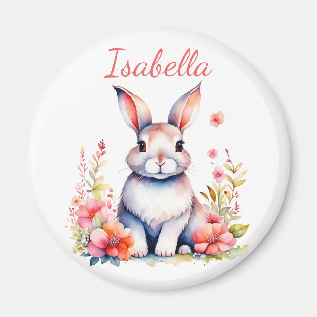 Personalised Bunny Rabbit in Pink Flowers Magnet (Front)