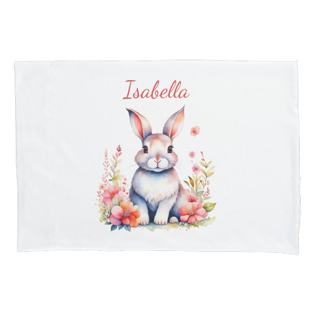 Personalised Bunny Rabbit in Pink Flowers Pillowcase (Front)