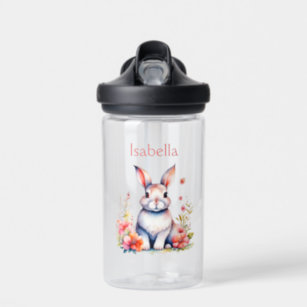 Personalised Bunny Rabbit in Pink Flowers Water Bottle