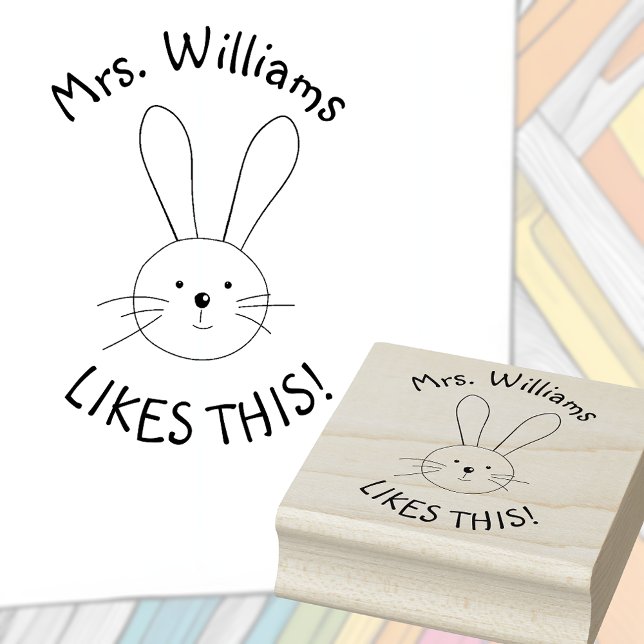 Personalised Bunny Rabbit Teacher Praise Rubber Stamp (Positive praise teacher's stamp with a bunny and custom teacher's name.)