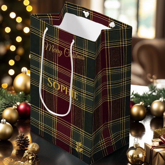 Personalised Burgundy and Green Plaid Christmas Medium Gift Bag (Creator Uploaded)