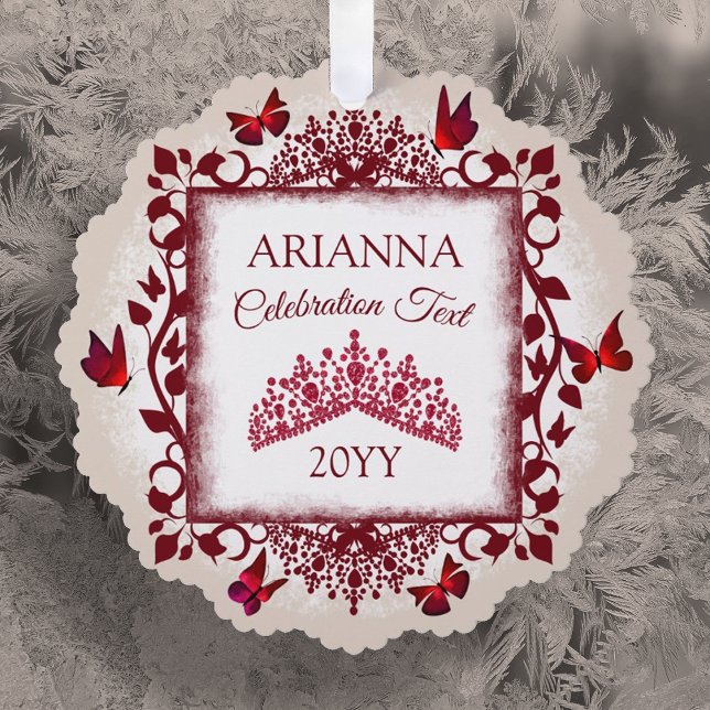 Personalised Burgundy & Beige Butterflies & Tiara Tree Decoration Card (burgundy red tiara and butterflies christmas tree ornament with personalized message)