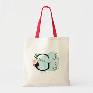 Personalised Burgundy Floral G Bridal Shower Gift  Tote Bag